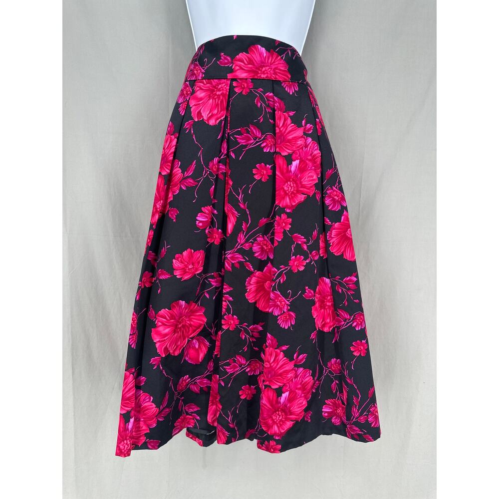 Vintage Black Midi Skirt with Bright Pink Floral Print